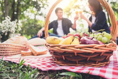 Close-up of fruits in picnic basket with couple at park