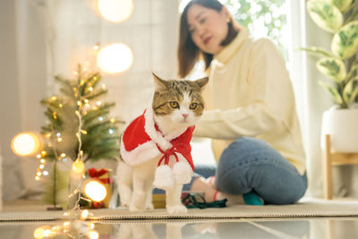 Portrait of young woman with christmas tree at home