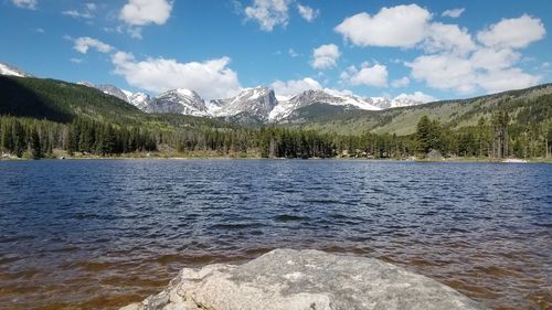 Scenic view of lake and mountains against sky