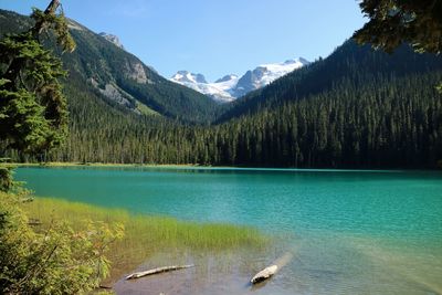 Scenic view of lake and mountains against sky