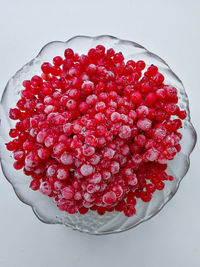 High angle view of red berries in bowl
