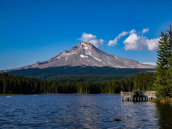 Scenic view of lake and mountains against blue sky