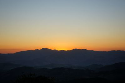 Scenic view of silhouette mountains against sky during sunset