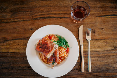 Directly above shot of meal served on table