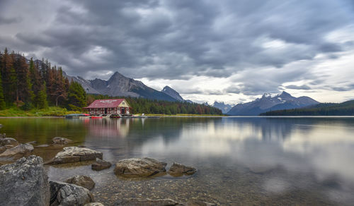 Scenic view of lake and mountains against sky