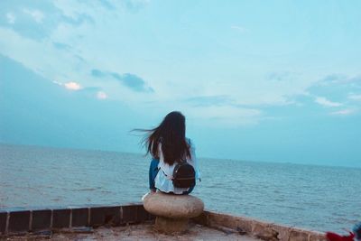 Rear view of woman sitting by sea against sky