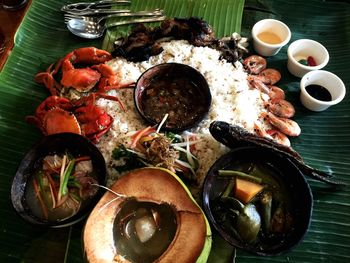 Directly above shot of meal served on table