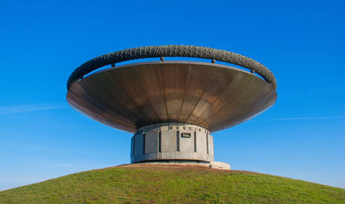 Low angle view of built structure against clear blue sky