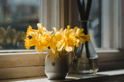 Close-up of yellow flowering plant on table