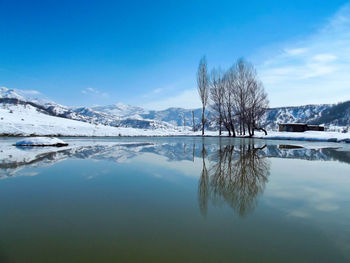 Scenic view of frozen lake against blue sky