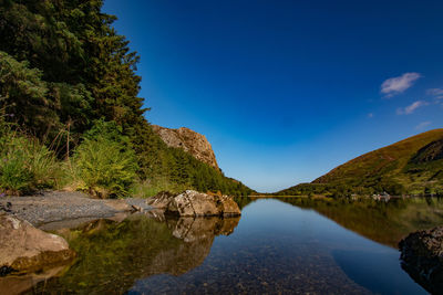 Scenic view of lake and mountains against blue sky