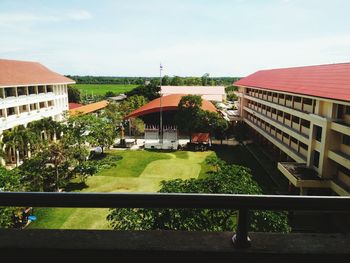 High angle view of buildings against sky