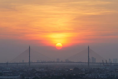 Cable-stayed bridge over cityscape against cloudy sky during sunrise