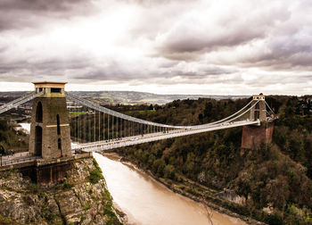 View of suspension bridge against cloudy sky