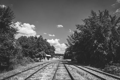 Railroad tracks by trees against sky