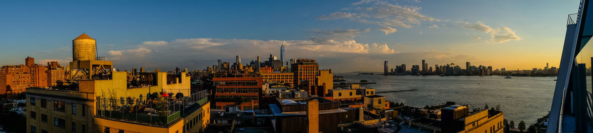 Panoramic view of buildings in city during sunset