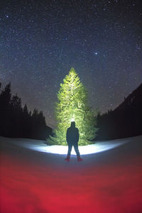 Silhouette woman standing on illuminated street light against sky at night