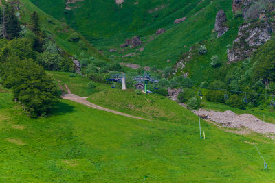 View of the ski slopes at mont dore in spring