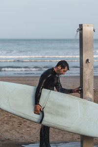 Man on beach against sky