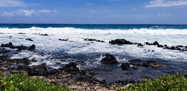 Scenic view of sea against sky, rocky coast of oahu, hawaii