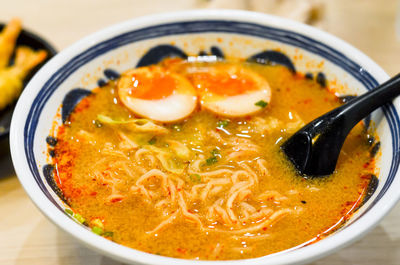 High angle view of soup in bowl on table