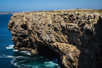 Rock formations by sea against blue sky