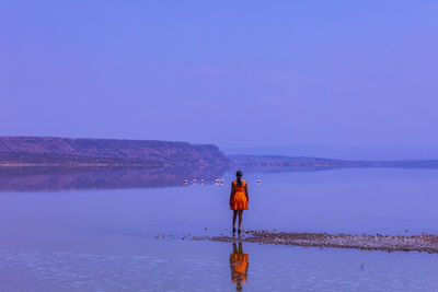 Rear view of woman standing in sea against clear sky