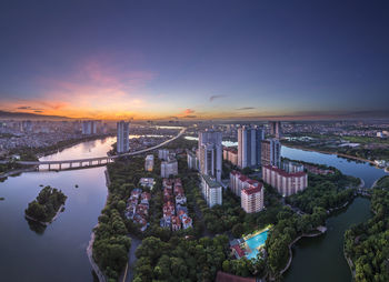 High angle view of cityscape during sunset