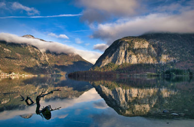 Scenic view of lake and mountains against sky