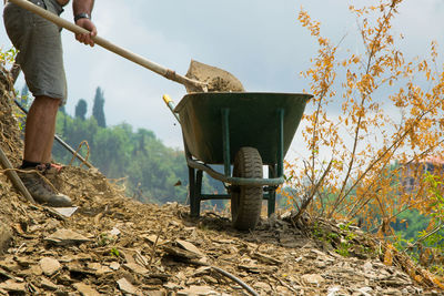 Low section of man collecting dirt in wheel barrow