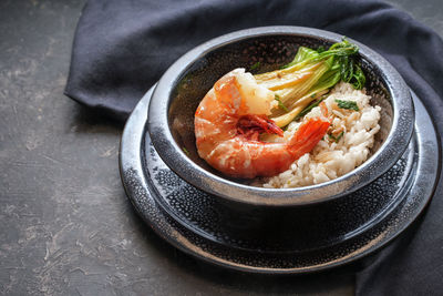 High angle view of food in bowl on table