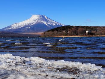 Scenic view of snowcapped mountains against clear sky