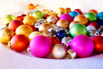 Close-up of christmas decorations on table