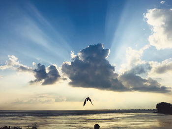 Silhouette person flying over sea against sky