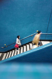 High angle view of two cats on staircase