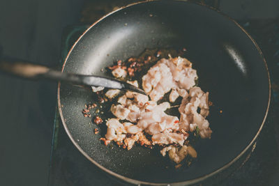 High angle view of meat in bowl