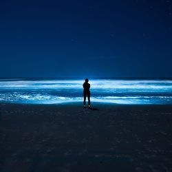 Full length rear view of woman standing on beach against clear sky at night
