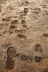 High angle view of footprints on sand