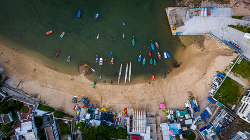 Aerial view of boat moored at harbor