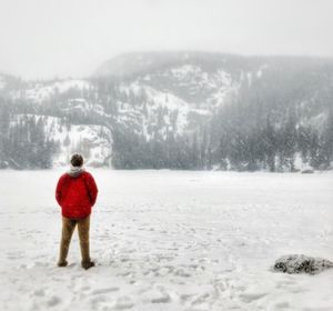 Rear view of man standing on snow covered landscape