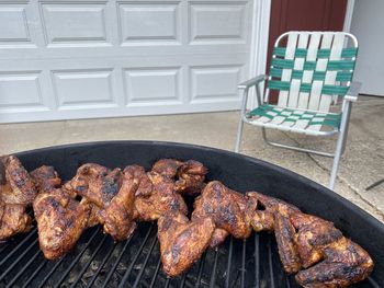 High angle view of food on barbecue grill