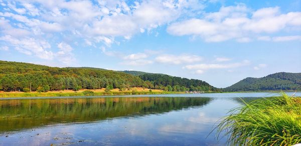 Scenic view of lake by trees against sky