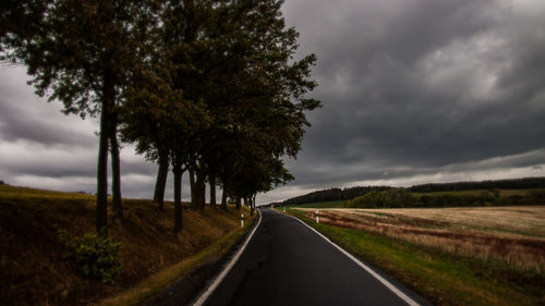 Road amidst trees on field against sky