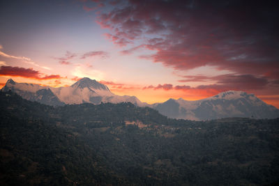 Scenic view of mountains against sky during sunset