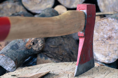 Close-up of axe stuck on tree stump