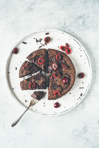 High angle view of cake served on table