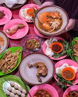 High angle view of meal served on table