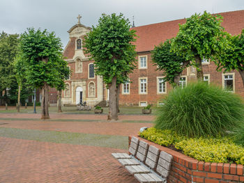 Trees and houses against sky in city