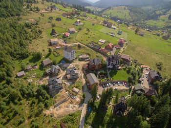 High angle view of trees and houses in village