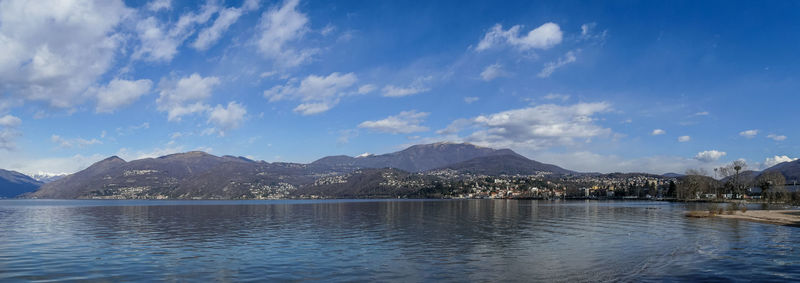 Scenic view of lake by mountains against sky